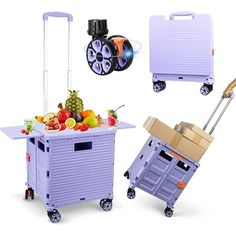 three different types of carts with fruits and vegetables on them, one is purple the other is light blue