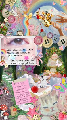 an altered collage with buttons, flowers and other things in the background is a rainbow