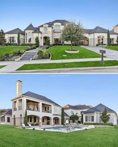 two different views of a large house in the middle of a green yard and an empty driveway