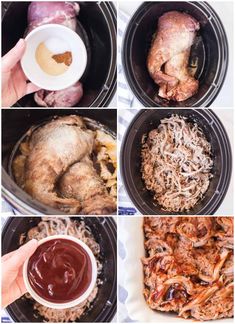 four pictures showing different types of food being cooked in the slow cooker, including meats and sauces