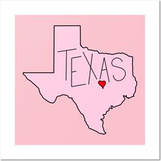 a pink texas map with the word texas on it and a red heart in the middle