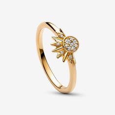 Radiate summer energy with the Celestial Sparkling Sun Ring. This hand-finished ring glows in 14k gold-plating, with a sun motif in the centre formed by a circle of clear pavé with rays emanating from one side. Wear it by itself as a symbol of energy, positivity and life, or stack it with its counterpart, the Celestial Blue Sparkling Moon Ring. The two rings fit perfectly together, representing duality and harmony in nature and within ourselves. 14k Gold-plated unique metal blend Harmony In Nature, Sun Motif, Sun Ring, Celestial Blue, Moon And Star Ring, Charms Pandora, Daisy Ring, Sun Moon Stars, Moon Ring