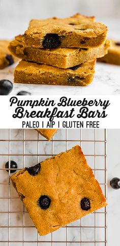 pumpkin blueberry breakfast bars are stacked on a cooling rack and ready to be eaten