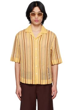 Jacquemus: Yellow Le Raphia 'La Chemise Palha' Shirt | SSENSE Jacquemus Yellow, Shirt Stripes, 2000s Clothes, Woven Cotton, Logo Embroidered, Cotton Weaving, Simple Style, Cotton Shirt, Style Guides