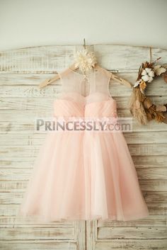 Sheer Neck Pink Tulle Wedding Flower Girl Dress with Beading and 3D Flower Designer Flower Girl Dresses, Dress Beading, Fabric Cross, Illusion Tulle, First Communion Dresses, Princess Tutu, Girls Pageant Dresses, Wedding Flower Girl Dresses, Kids Fashion Dress