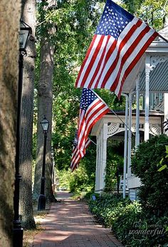 two american flags are flying in the wind on a brick path between trees and houses