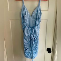 Light Blue Homecoming Dress Size Medium Blue Ruched Homecoming Dress, Blue Ruched Dress For Homecoming, Blue Mini Dress For Summer Homecoming, Blue V-neck Ruched Mini Dress, Blue Ruched Spaghetti Strap Dress, Blue Ruched Mini Dress, Light Blue Homecoming Dress, Blue Homecoming Dress, Blue Homecoming Dresses