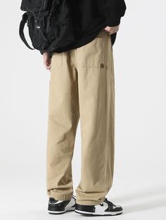 Men's Casual Pants 2024 Autumn New Korean Fashion Washed Cotton Wide Leg Slacks Banding Waist Loose Summer Full-length Chinos With Pockets, Solid Color Baggy Trousers Work Pants, Baggy Straight Leg Cotton Dress Pants, Baggy Cotton Dress Pants Straight Leg, Loose Fit Cotton Dress Pants, Beige Straight Leg Dress Pants With Pockets, Khaki Tapered Leg Dress Pants With Pockets, Casual Khaki Straight Leg Dress Pants, Khaki Dress Pants With Tapered Leg And Pockets