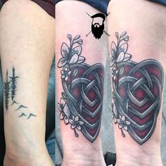 two people with tattoos on their legs and one has a heart shaped knot in the middle