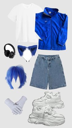 an assortment of clothing and accessories including shoes, headphones, t - shirt and jacket