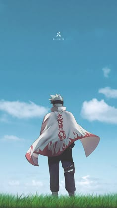 an anime character standing in the grass with his back to the camera and looking up into the sky