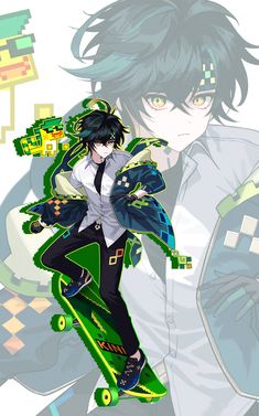 an anime character with black hair and green eyes on a skateboard