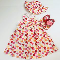 New With Tag, Gymboree 2008 "Cherry Baby " Line. Dress: Material Is 100% Cotton (Woven), Strap Is Adjustable, Machine Washable. Sunhat: Size 12-24 Months, Material Is 100% Cotton (Woven), Chin Strap Is Adjustable, Machine Washable Flip-Flop: Size 5-6, Back Strap Is Adjustable. Shipping Weight:10.2oz Cute Summer Holiday Dress, Fun Summer Holiday Dresses, White Summer Sundress For Playwear, White Sundress For Summer Playwear, Playful Spring Sundress For Playwear, Spring Sundress For Playtime, Fun Spring Sundress For Playtime, White Summer Sundress For Playtime, Fun Summer Dress For Picnic