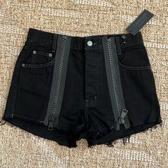 Carmar Zip Black Jean Shorts Size 28 New With Tags (A) Edgy Fitted Shorts With Zipper Closure, Edgy Black Bottoms With Zipper Closure, High Rise Black Bottoms With Zipper Closure, Edgy Black Shorts With Belt Loops, Trendy Black Bottoms With Zip Fly, Black Bottoms With Zipper Closure For Summer, Casual Black Shorts With Zipper Closure, Black Bottoms With Zipper Closure For Spring, Black High Waist Edgy Shorts