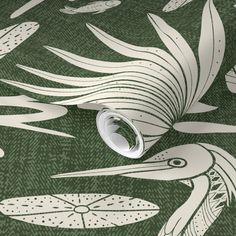 a green and white wallpaper with birds on it