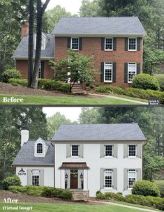 before and after shots of a brick house with white trim on the windows, front door and second story