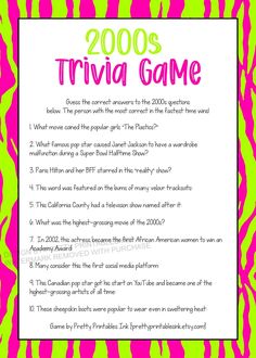 a pink and green zebra print poster with the words trivia game written below it