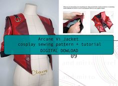 the back of a woman's red leather jacket with zippers on it and text that reads arcane vi jacket cosplay sewing pattern + video