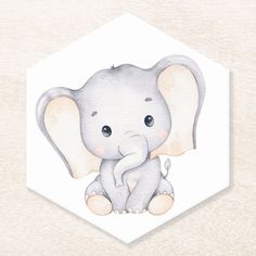 a watercolor drawing of an elephant sitting on top of a white hexagon