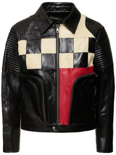 Find ANDERSSON BELL Checkerboard Leather Biker Jacket on Editorialist. Front zip closure. Snap button closure at hem . Patchwork construction. Model is wearing a sizeM Sci Fi Clothing, Insta Outfits, Versace Brand, Leather Gear, Sport Swimwear, Fashion Project, Airport Fashion, Sports Sweatshirts, Leather Biker Jacket