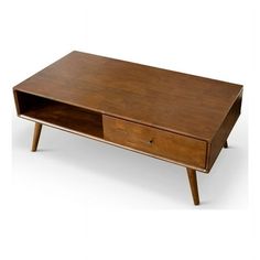 a wooden table with two drawers on one side and an open drawer on the other