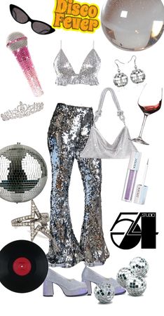 various items are arranged in the shape of a woman's body and shoes, including sunglasses, headphones, disco ball, vinyl record player