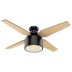 a black ceiling fan with two wooden blades and a light on the top of it