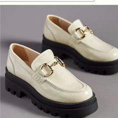 Anthropology Maeve Loafers With Chunky Soles. Leather. Ivory Color Block Heel Loafers, Strappy Flats, Lace Up Flats, Wingtip Oxford, Leather Block Heels, Pointed Toe Flats, Heeled Loafers, Anthropology, Gold Leather