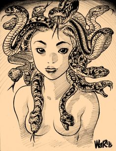 a drawing of a woman with snakes on her head and two snakes around her neck