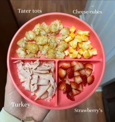 a person holding a pink plate with different foods in it that include meat, cheese cubes and strawberries