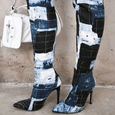 Rhinestone Denim Thigh-High Boots Back Zipper Upper Material: Fabric Insole Material: Fabric Outsole Material: Rubber Trendy Blue Boots With Rhinestones, Blue Fitted High Heel Knee-high Boots, Blue Rhinestone Boots For Fall, Trendy Fitted Rhinestone Boots, Trendy Fitted Blue Knee-high Boots, Blue Thigh-high Boots For Fall, Fitted Blue Knee-high Boots For Fall, Blue Fitted Knee-high Boots For Spring, Fitted Blue Knee-high Boots For Spring