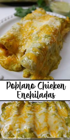 A double photo collage of poblano chicken enchiladas topped with gooey cheese and sitting on a white plate. Las Palmas Chicken Enchiladas, Poblano Chicken Enchiladas, Creamy Enchiladas, Tender Shredded Chicken, Cheesy Chicken Recipes, Poblano Chicken, Creamy Enchilada, Poblano Sauce, Chicken Enchilada Casserole Recipe