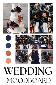 wedding mood board with blue and orange flowers