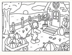 a black and white drawing of a farm scene with pumpkins, hay, and a scarecrow