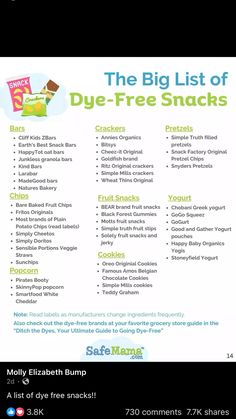 the big list of dye - free snacks for kids is shown in this screenshot