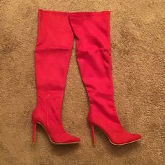 Made By Essex, These Beautiful Christmas Red Thigh-High Boots Actually Look More Expensive Than They Are. They’re Labeled Size Eu39 Or Uk 6, So We’re Calling Them Size 8. They Have A Tapered Toe And Partial Inside Zipper. The Shaft Measures 22” Above The 4.5” Stiletto Heel. These Boots Are Made For Holiday Parties! Brand New. Faux Suede Thigh High Boots, Suede Thigh High Boots, Black Wedge Boots, Heeled Lace Up Boots, Madden Girl Heels, Red Cowboy Boots, Pointy Toe Boots, Thigh High Suede Boots, Taupe Boots