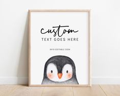 a penguin with the text custom on it's face is shown in front of a white wall