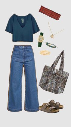 a woman's outfit including jeans, sandals and a purse is shown in this image