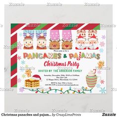 a christmas party card with reindeers, stockings and pancakes on the front is shown