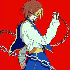 an anime character with chains around his neck and hands in the air, holding onto a chain