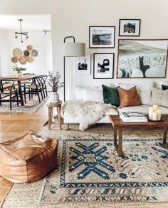 a living room filled with lots of furniture and pictures on the wall above it's coffee table