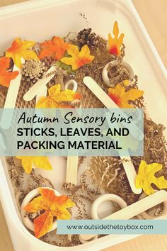 autumn sensory bins, sticks, leaves, and packaging material with text overlay