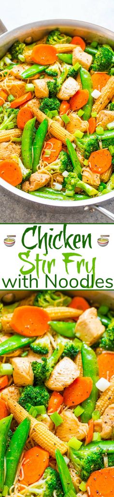 chicken and vegetable stir fry with noodles in a pan