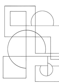 a black and white drawing of an abstract design with squares, circles, and rectangles