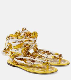 Find DOLCE & GABBANA Printed Silk Twill Sandals on Editorialist. Upper: fabric. Lining: fabric. Sole: leather insole and sole. Toe shape: round open toe. Made in Italy. Includes: dust bags, shoe box. Designer color name: Azulejos Giallo. Closure: ankle strap. Luxury Yellow Sandals For Summer, Designer Yellow Sandals For Beach, Designer Yellow Sandals For The Beach, Dolce And Gabbana Shoes, Fashion Sandals Flat, Shoes Yellow, Latest Sandal, Luxury Outerwear, Dolce Gabbana Shoes