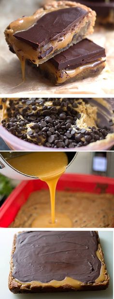 four different pictures showing how to make peanut butter and jelly bars with chocolate frosting