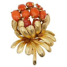 Christian Dior GROSSE 1967 Vintage Orange Coral Fruit Flower Bouquet Leaf Brooch, Gold Tone Very good condition. Light scratches or colour loss, barely noticeable. 100% Genuine. Safety-catch pin closure. Signed on the back. Size: 3.5 cm x 4.6 cm. Weight: 14.0 g. _ _ _ Great for everyday wear. Come with velvet pouch and beautiful package. Makes the perfect gift for Teens, Sisters, Friends, Girlfriends, Birthdays, Anniversaries, Mother’s Day, Valentine’s Day, Christmas and many more. With exquisite fine detail, these fashion jewellery are ideal for a glamorous look. Ideal for a splendid gift or an eye-catching jewellery for your everyday outfit. Also don't forget to look through my other listings, I have so many more beautiful jewellery waiting for you. _ _ _ I am a freelancer more than 2 ye Orange Fruit Flower, Mid Century Fashion, Gold Brooch, Leaf Brooch, German Art, Orange Coral, Gold Brooches, Vintage Orange, Velvet Pouch