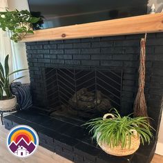 a living room with a fire place and potted plants on the fireplace mantel