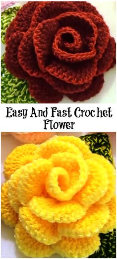 crocheted flowers are shown in three different colors, one is yellow and the other is red