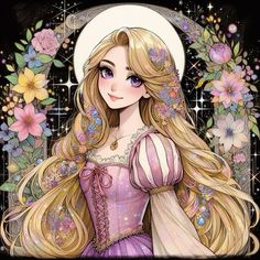 a drawing of a girl with long blonde hair wearing a purple dress and flowers around her neck